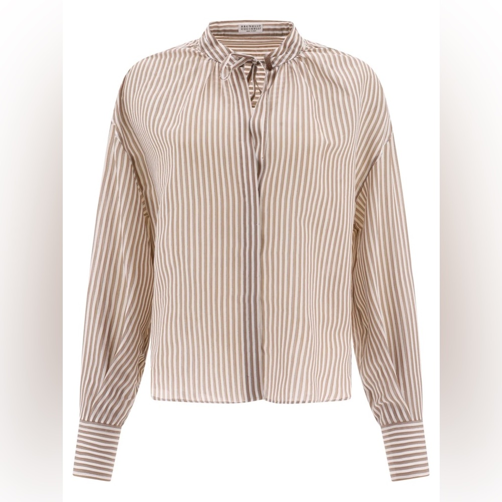 NWT Brunello Cucinelli Split-Neck Semi-Sheer Striped Blouse